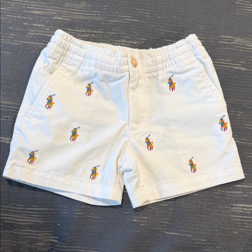 Ralph Lauren White Kids Shorts with Multicolor Polo Motifs